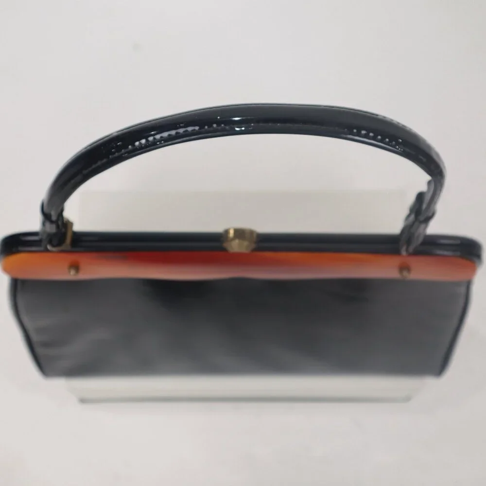 ❄️ Vtg 60's Verdi Black Patent Leather Tortoise Handbag Purse Satchel Acrylic